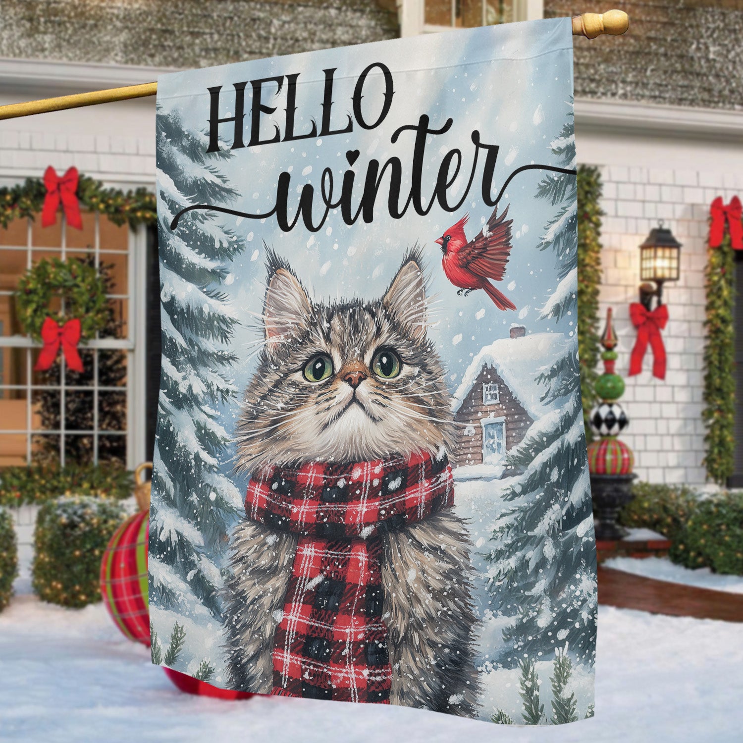 Cardinal Cute Christmas Cat House Flag Hello Winter Yard Flag Xmas Gift For Cat Lovers