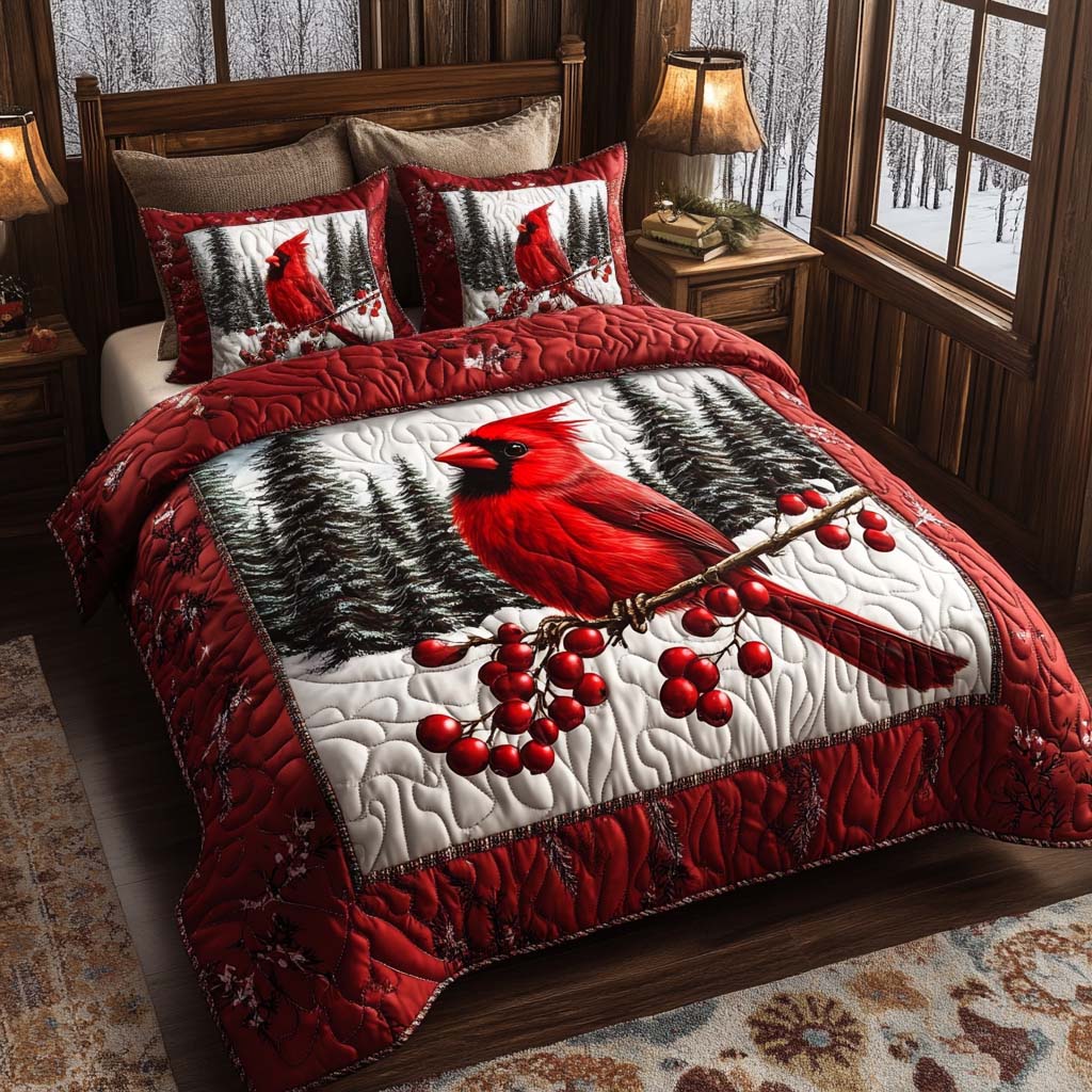 Cardinal Dreams Quilted Bedding Set Christmas Bedding Duvet Cover Cardinal Gifts For Dad