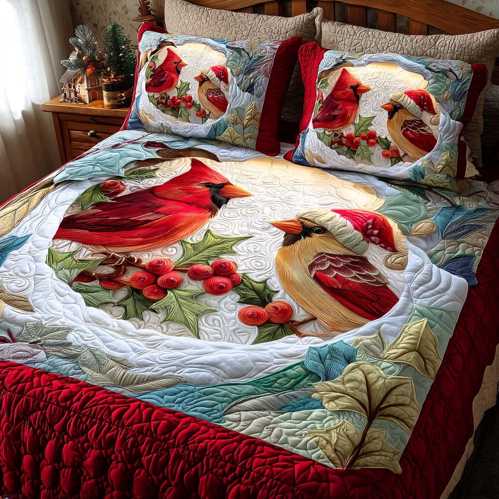 Cardinal Elegance Quilted Bedding Set Xmas Holiday Duvet Cover Set Gifts For Cardinal Lovers