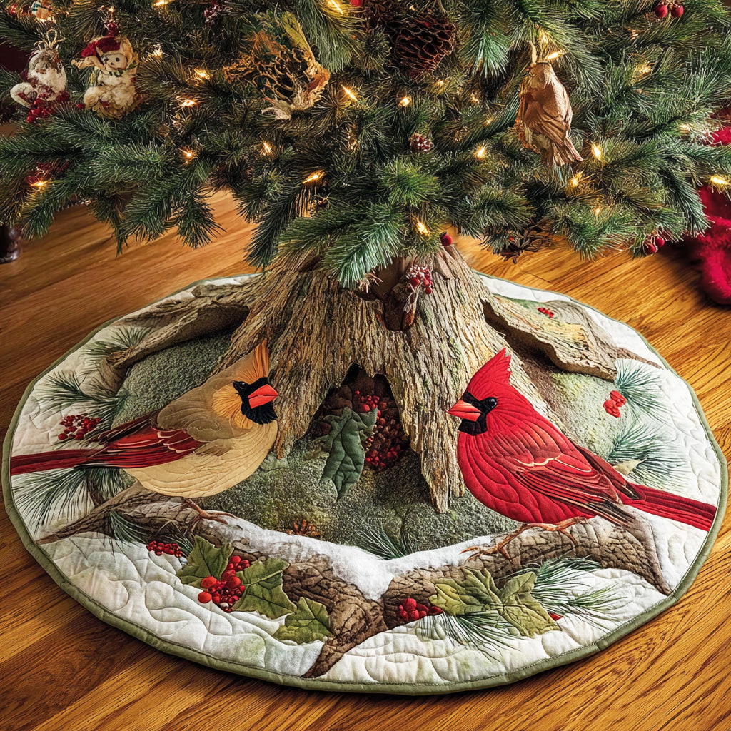 Cardinal Feather Glow Christmas Quilted Tree Skirt Animal Themed Cardinal Lover Xmas Presents
