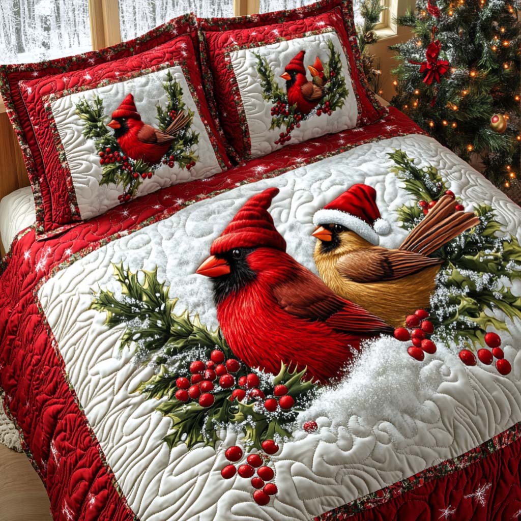 Cardinal Flight Quilted Bedding Set Best Christmas Duvet Cover Set Red Cardinal Gift Items