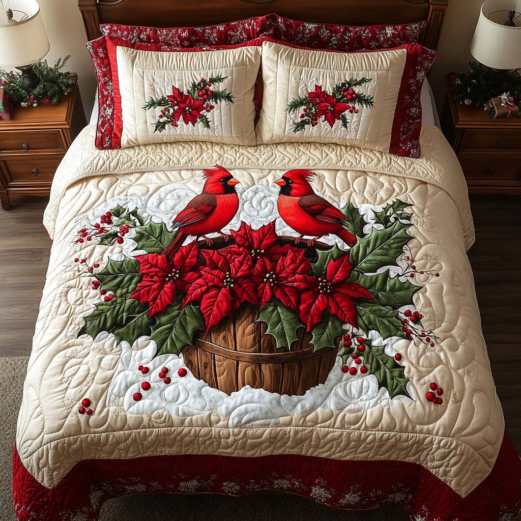 Cardinal Garden Quilted Bedding Set Holiday Season Duvet Cover Set Best Family Xmas Gifts