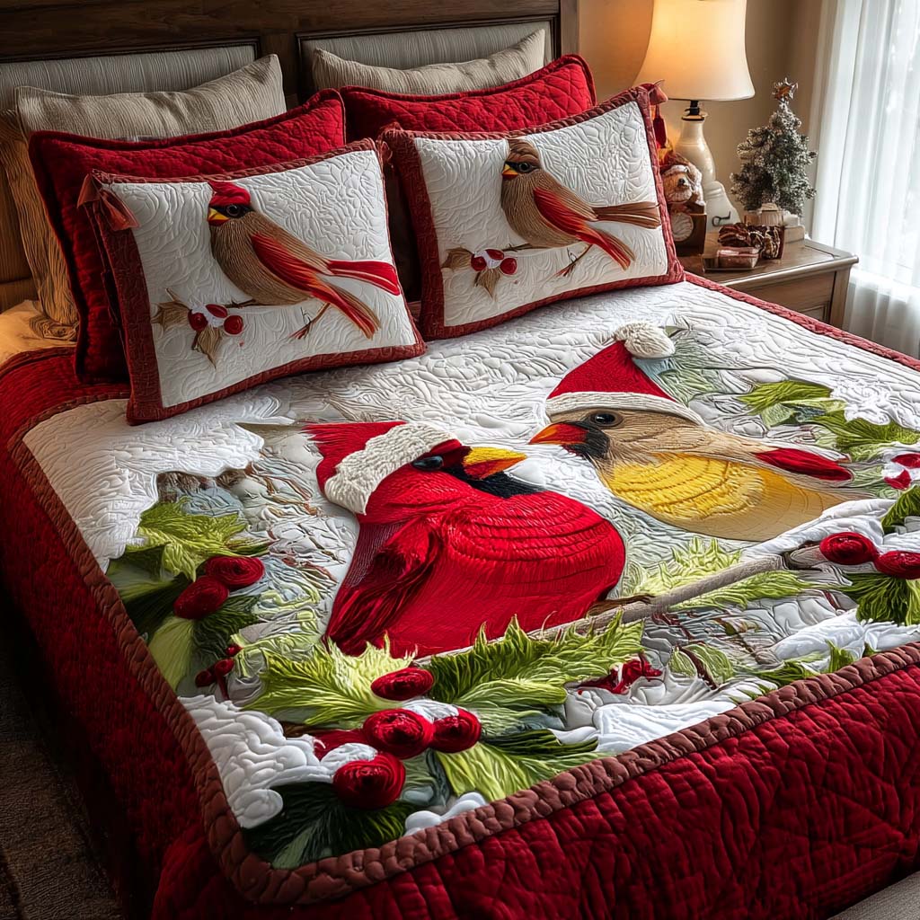 Cardinal Glow Quilted Bedding Set Christmas Bedding Duvet Cover Cardinal Gifts For Mom
