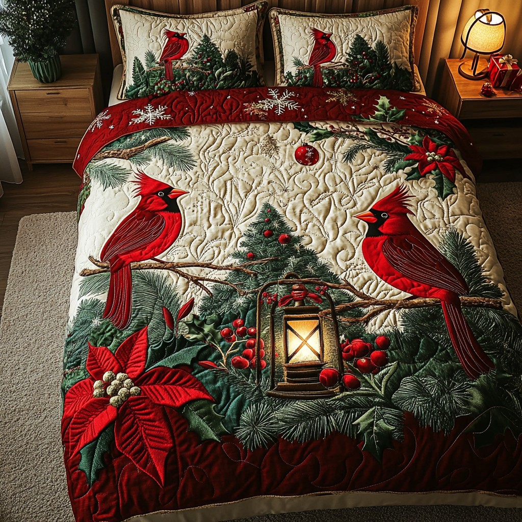 Cardinal Glow Quilted Bedding Set Christmas Duvet Cover Unique Cardinal Bird Gifts