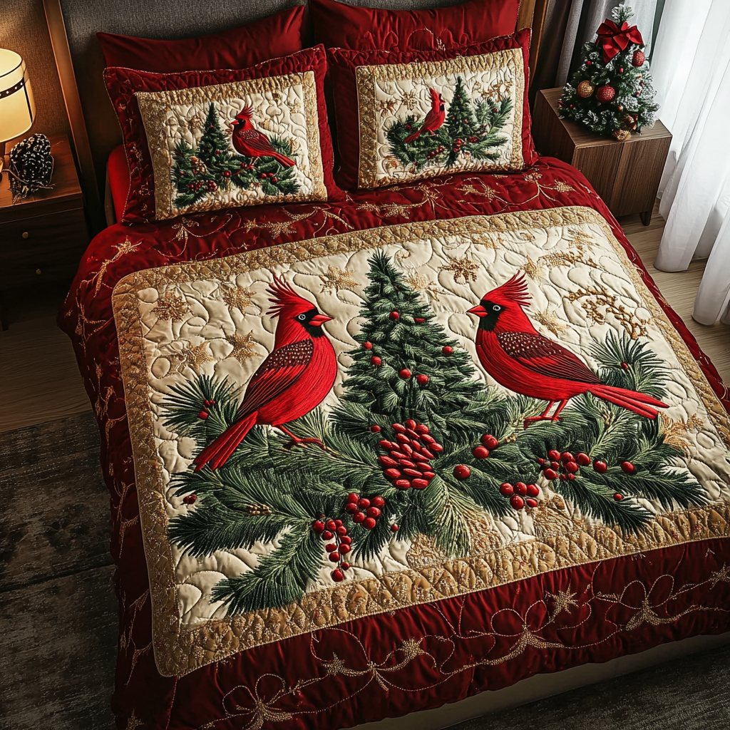 Cardinal Haven Quilted Bedding Set Holiday Duvet Covers Cardinal Christmas Gift