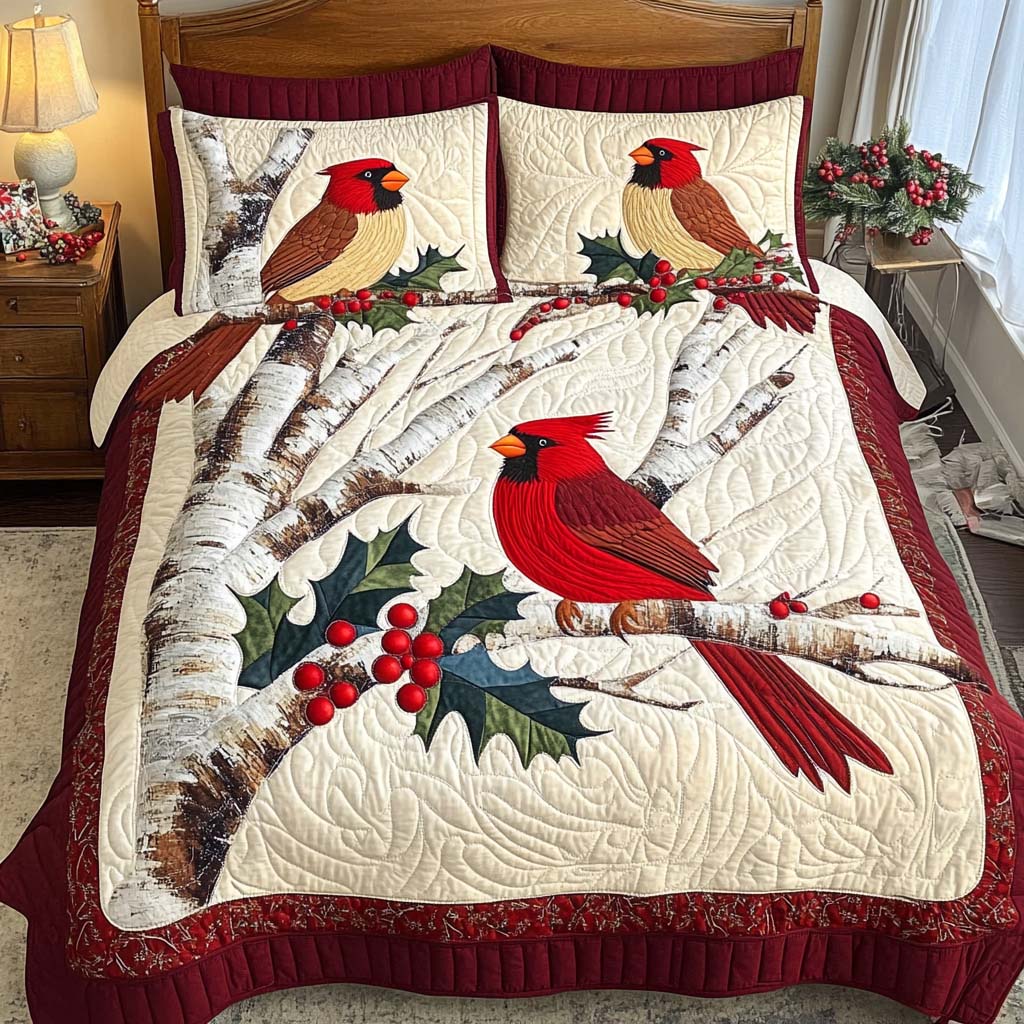 Cardinal Haven Quilted Bedding Set Holiday Season Duvet Cover Set Red Cardinal Gift Items