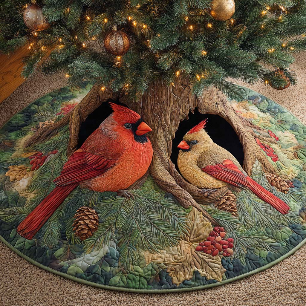 Cardinal Hearth Haven Quilted Tree Skirt Xmas Tree Stand Cover Red Cardinal Gift Items