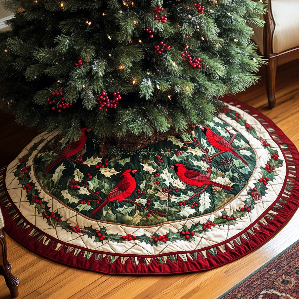 Cardinal Joy Christmas Quilted Tree Skirt Holiday Party Decor for Home