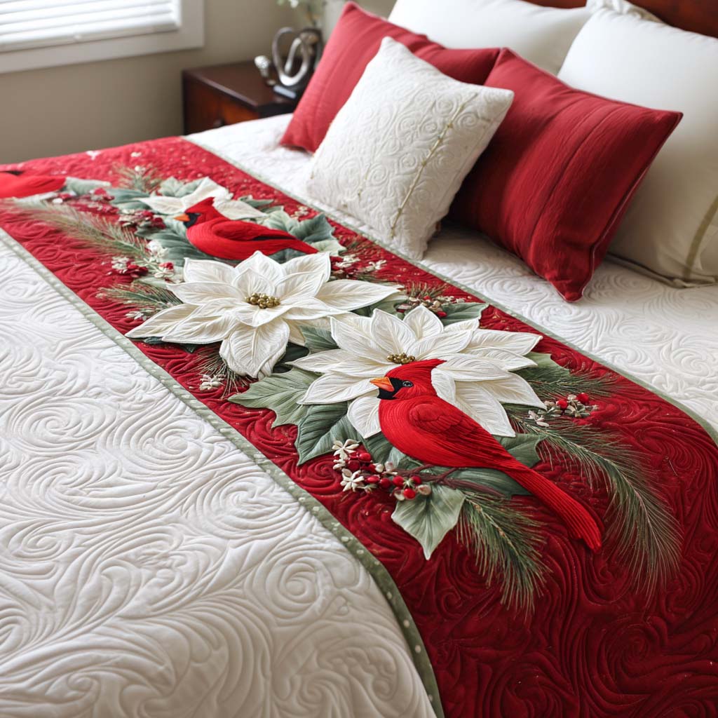 Cardinal Joy Quilted Bed Runner Christmas Bed Decor Best Family Xmas Gifts