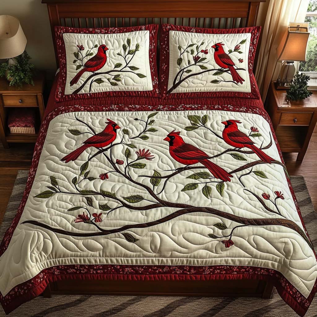 Cardinal Joy Quilted Bedding Set Christmas Duvet Cover Unique Cardinal Gifts