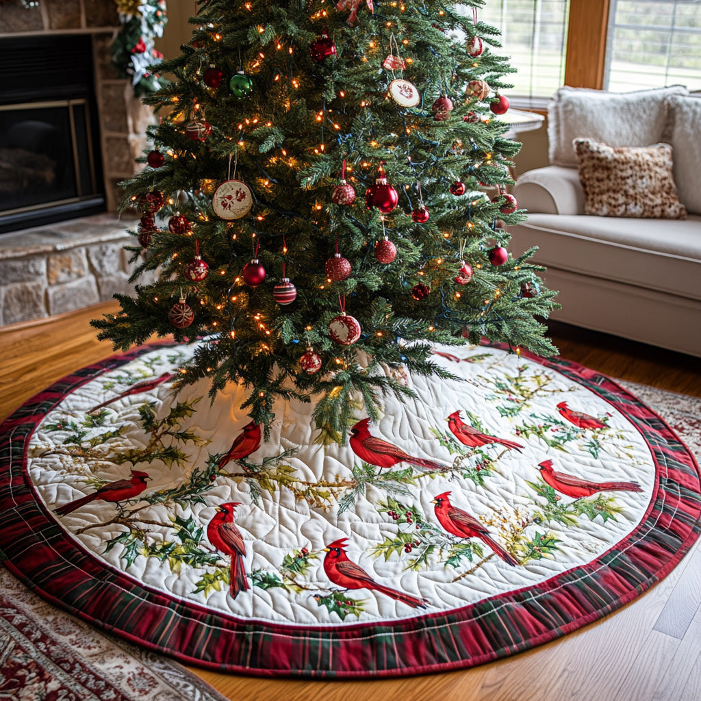 Cardinal Joy Quilted Christmas Tree Skirt Xmas Tree Stand Cover Unique Cardinal Gifts