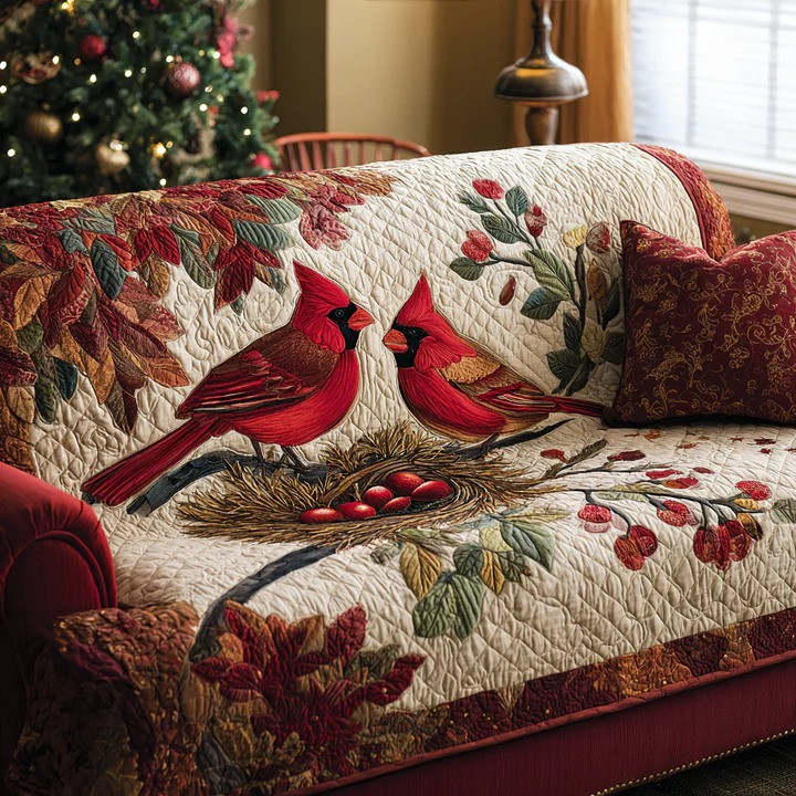 Cardinal Joy Quilted Sofa Cover Red Bird Nature Furniture Protector Best Gift For Bird Lovers
