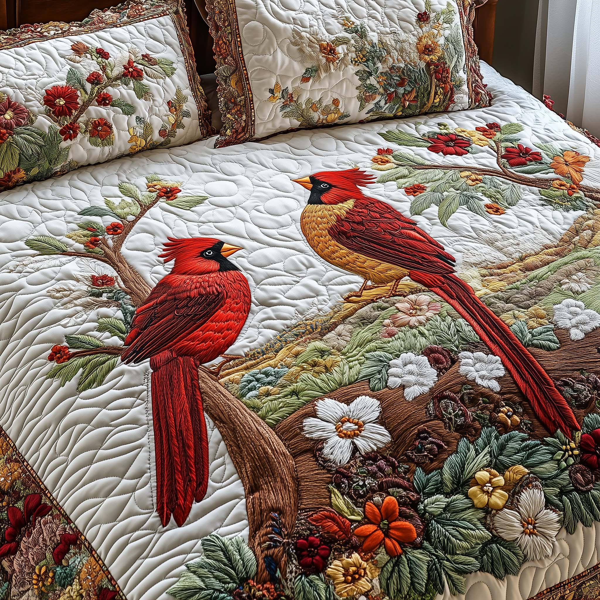 Cardinal Love Dance Quilted Bedding Set Bird Lover Bedroom Decor Gift For Bird Lovers