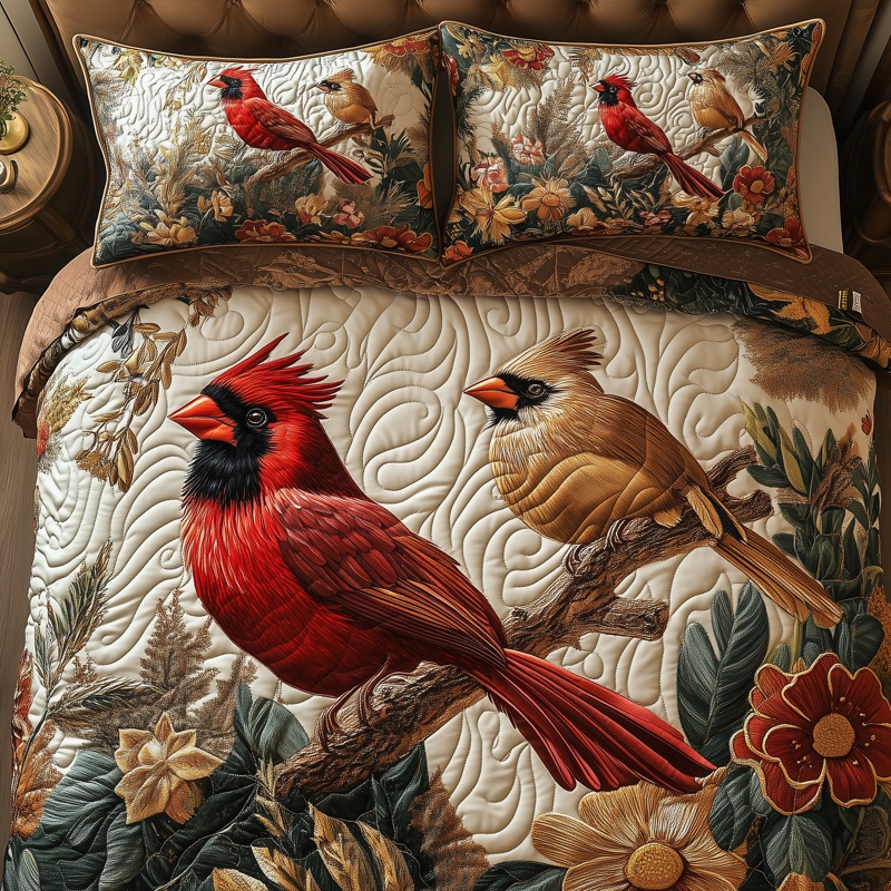 Cardinal Love Dance Quilted Bedding Set Floral Bird Bedroom Decor Gift For Bird Lovers