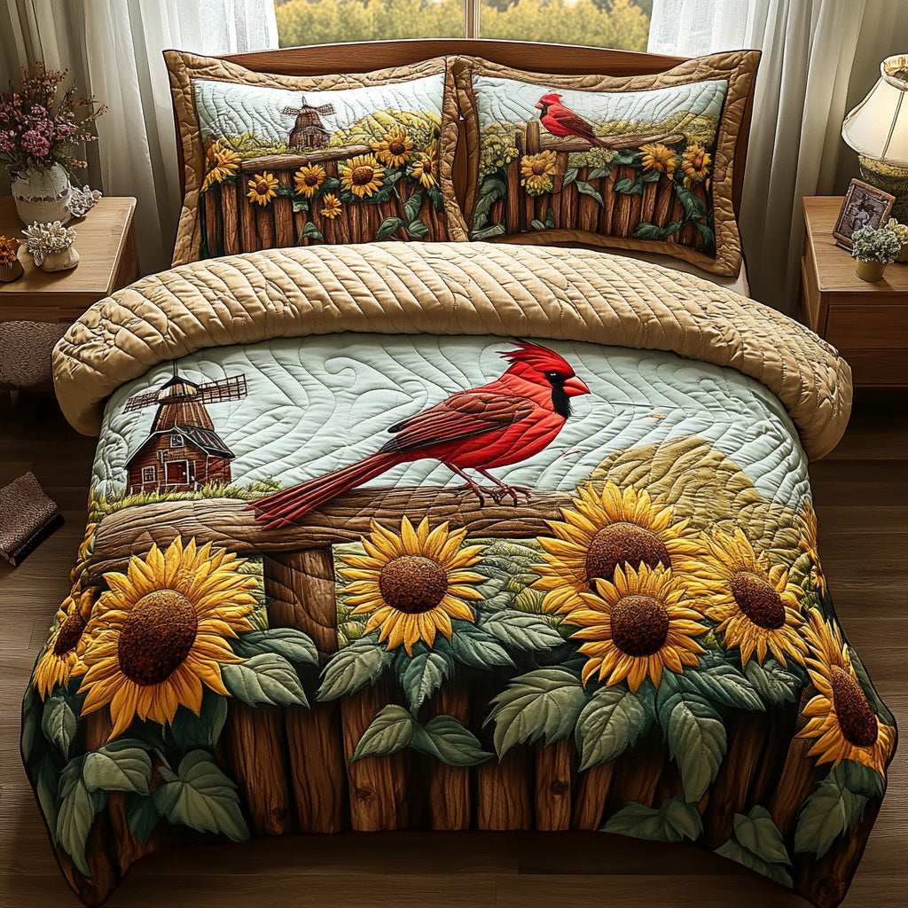 Cardinal Meadow Quilted Bedding Set Aesthetic Room Decor Cardinal Themed Gifts