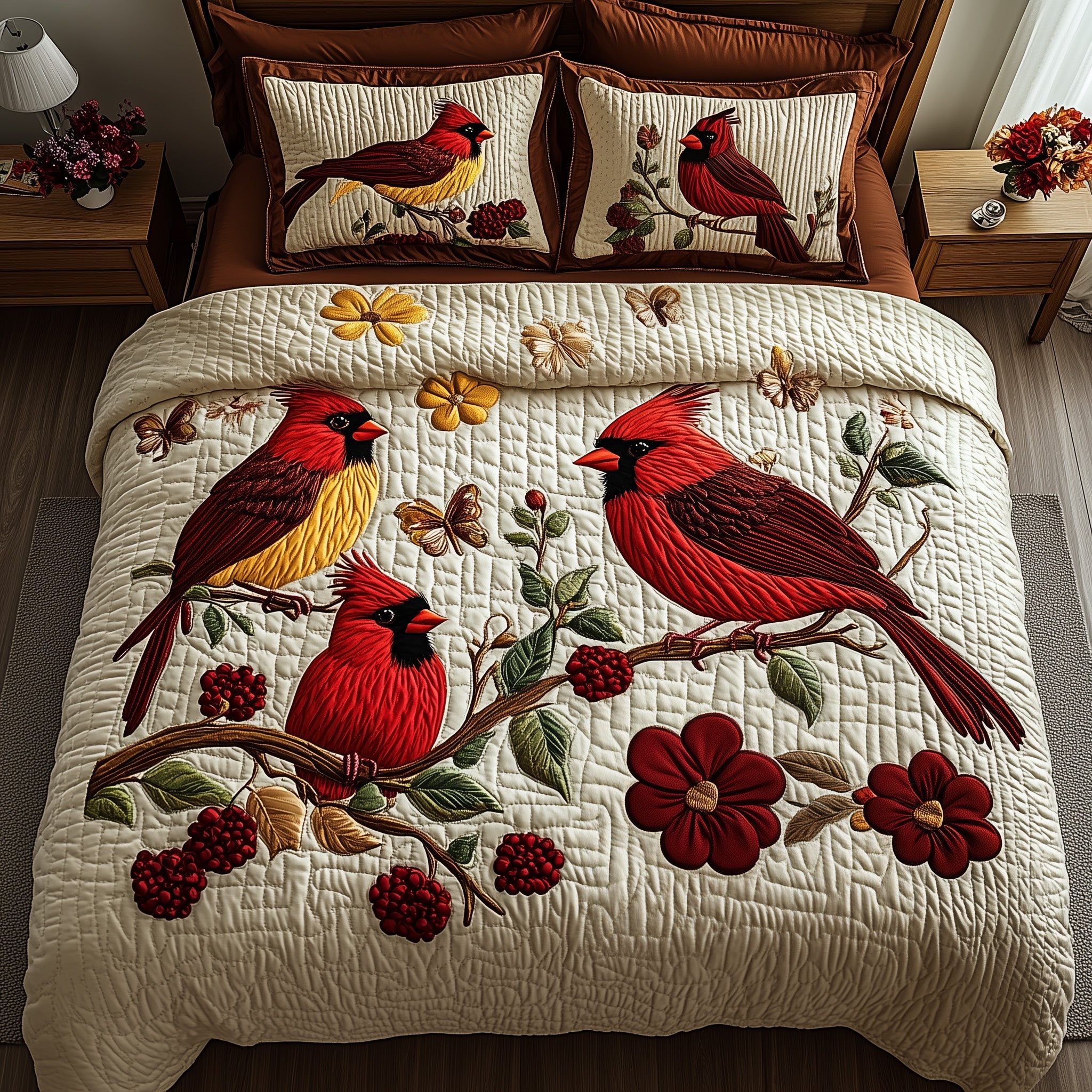 Cardinal Melody Quilted Bedding Set Duvet Cover Bedspread Cardinal Gift Items