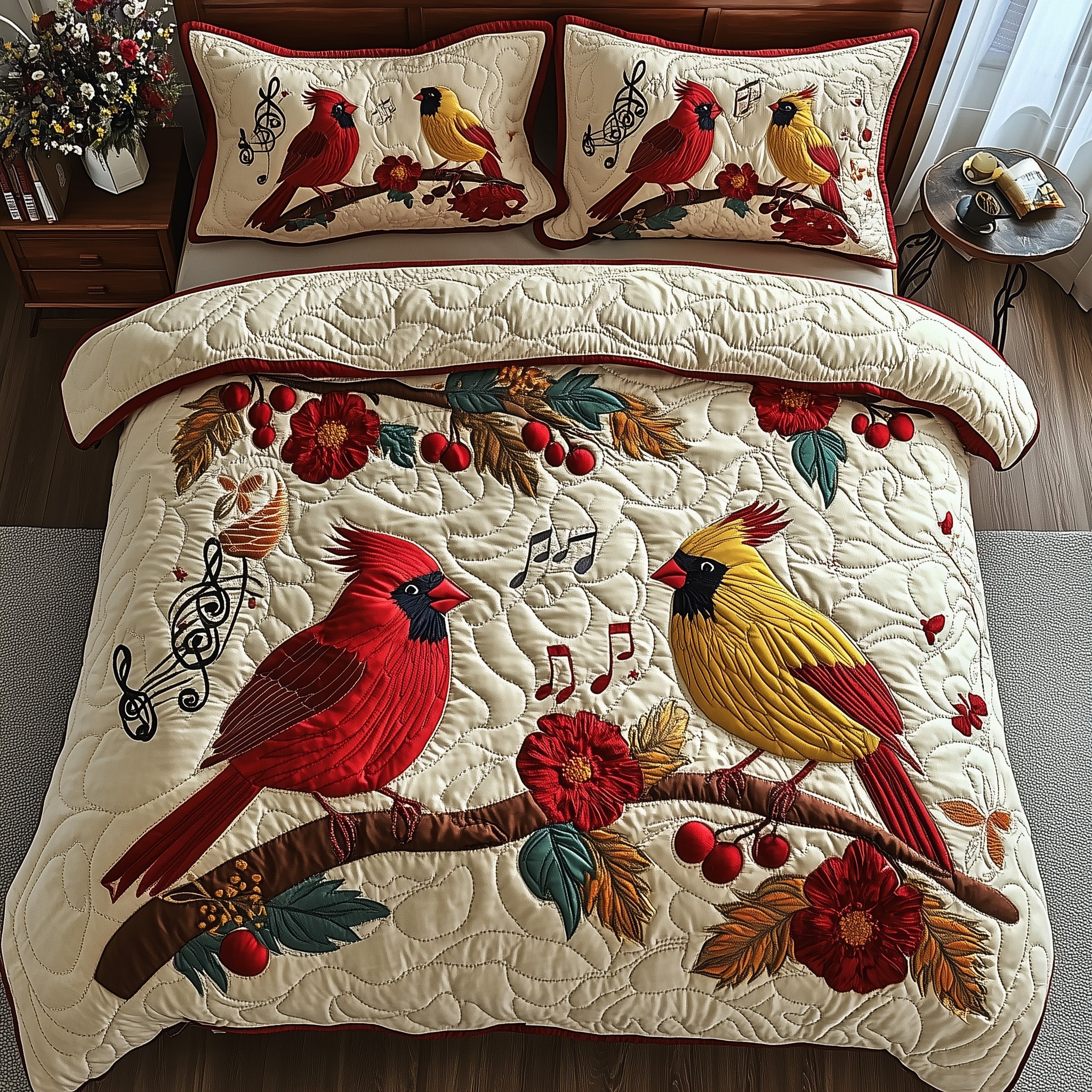 Cardinal Melody Quilted Bedding Set Duvet Cover Bedspread Cardinal Gifts For Christmas