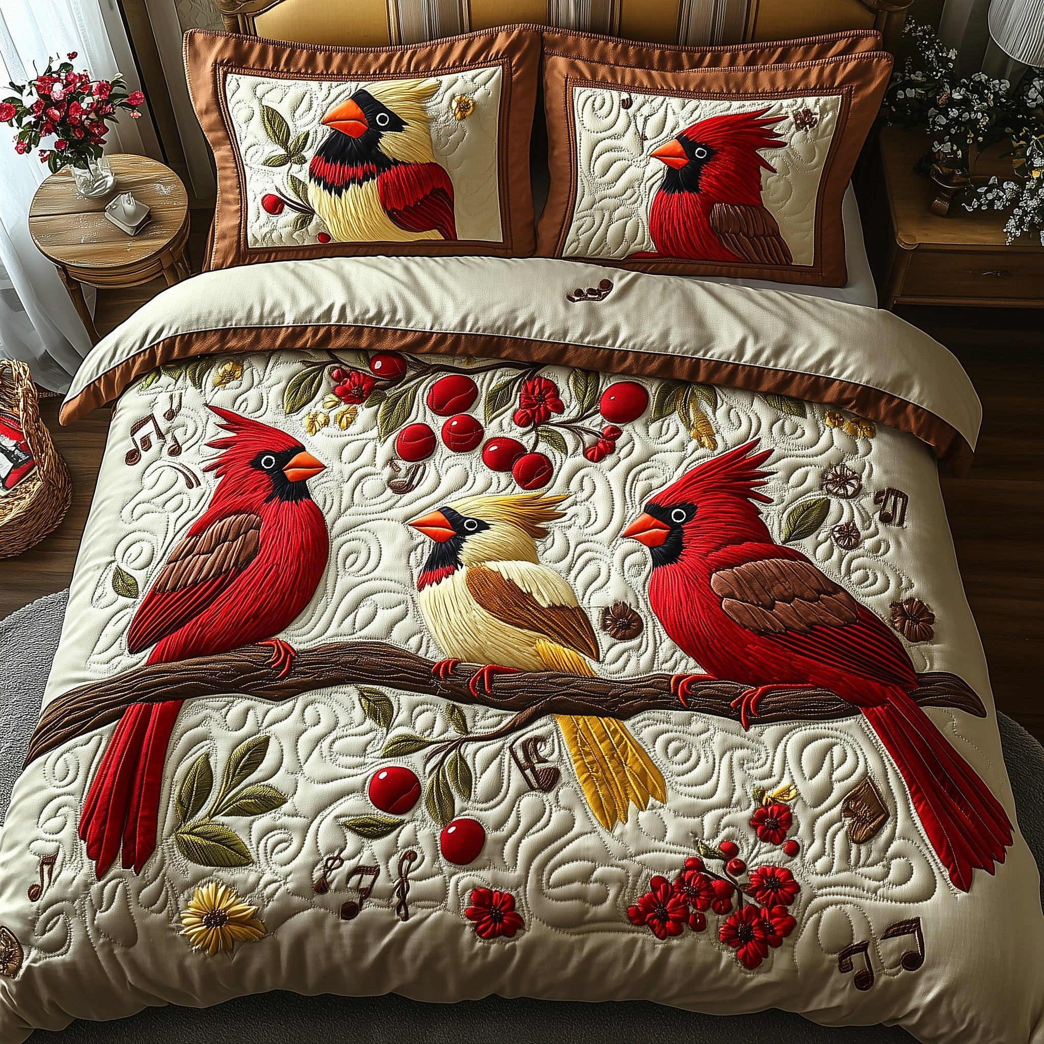 Cardinal Melody Quilted Bedding Set Duvet Cover Bedspread Gifts For Cardinal Lovers
