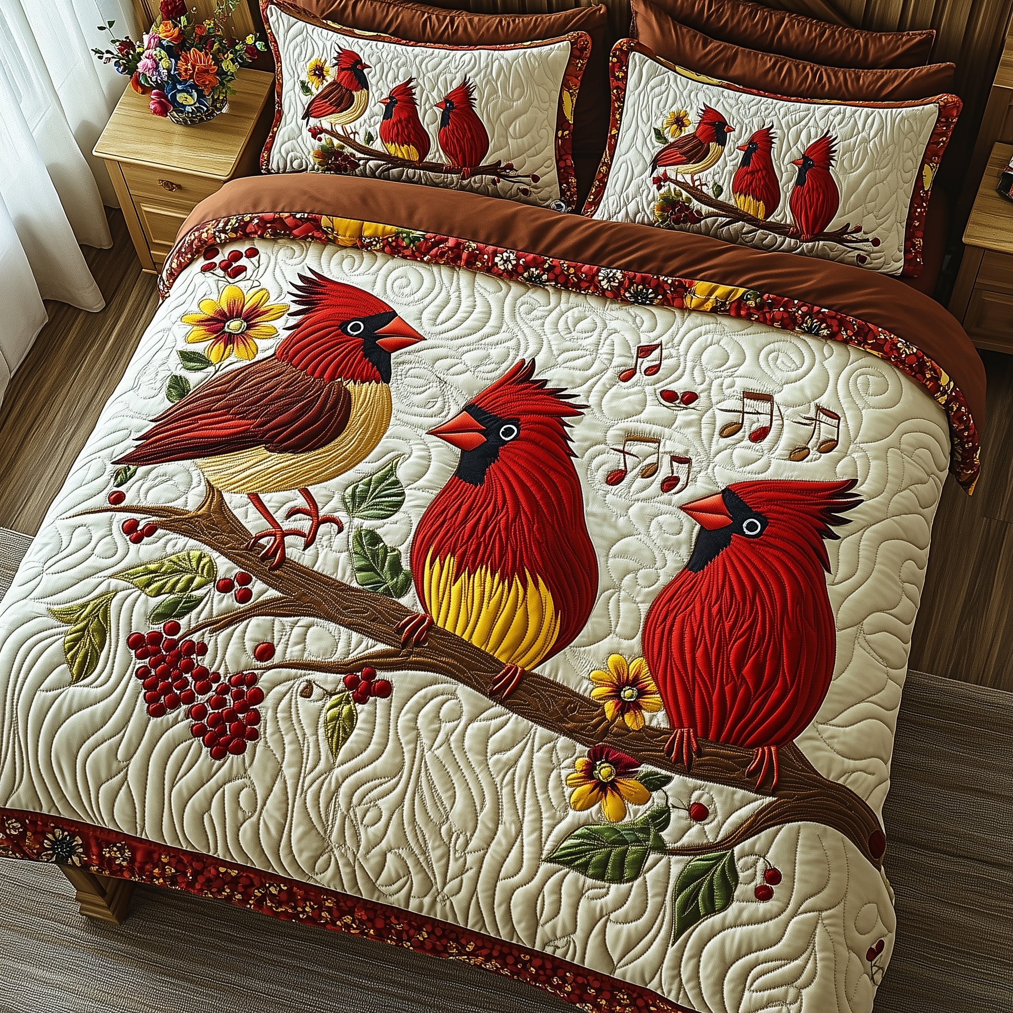 Cardinal Melody Quilted Bedding Set Duvet Cover Bedspread Red Cardinal Bird Gifts