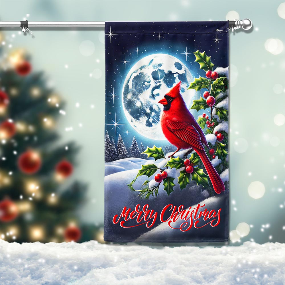 Cardinal Moon Merry Christmas Flag