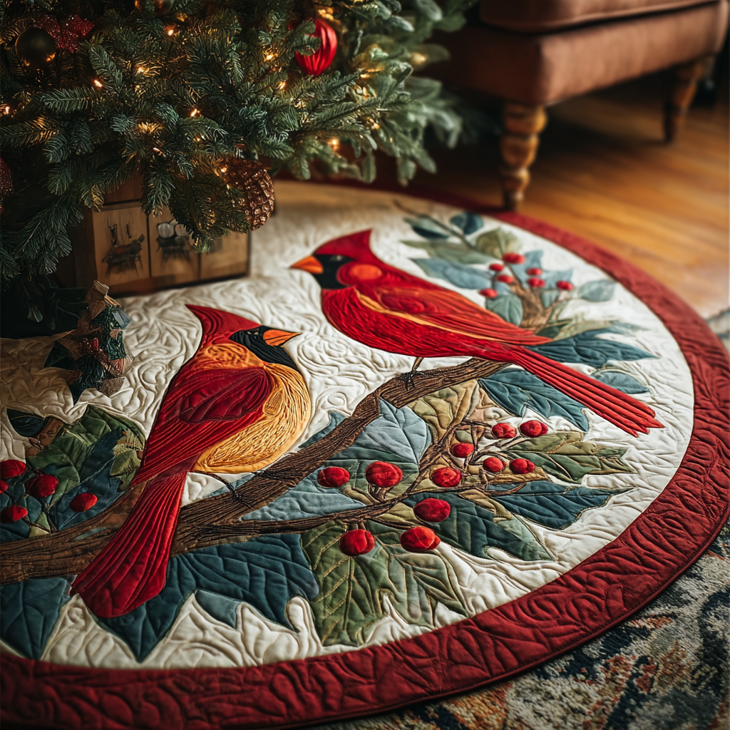 Cardinal Nest Christmas Quilted Tree Skirt Xmas Tree Stand Cover Cardinal Themed Gifts
