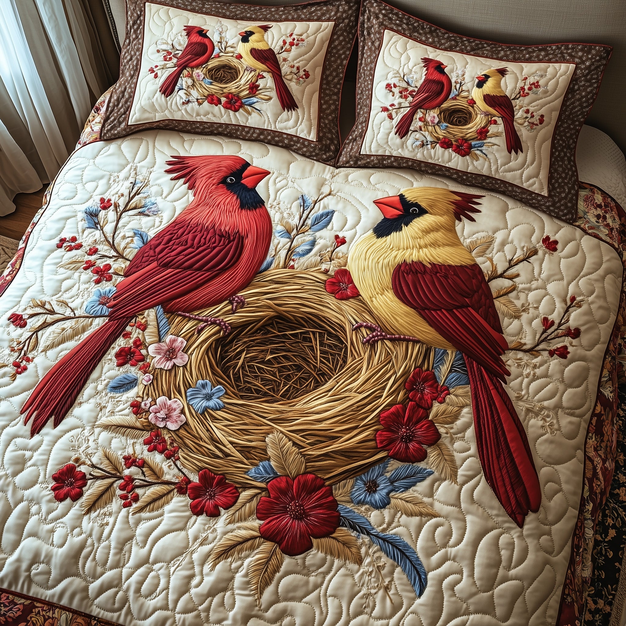 Cardinal Nest Quilted Bedding Set Duvet Cover Bedspread Red Cardinal Memorial Gift