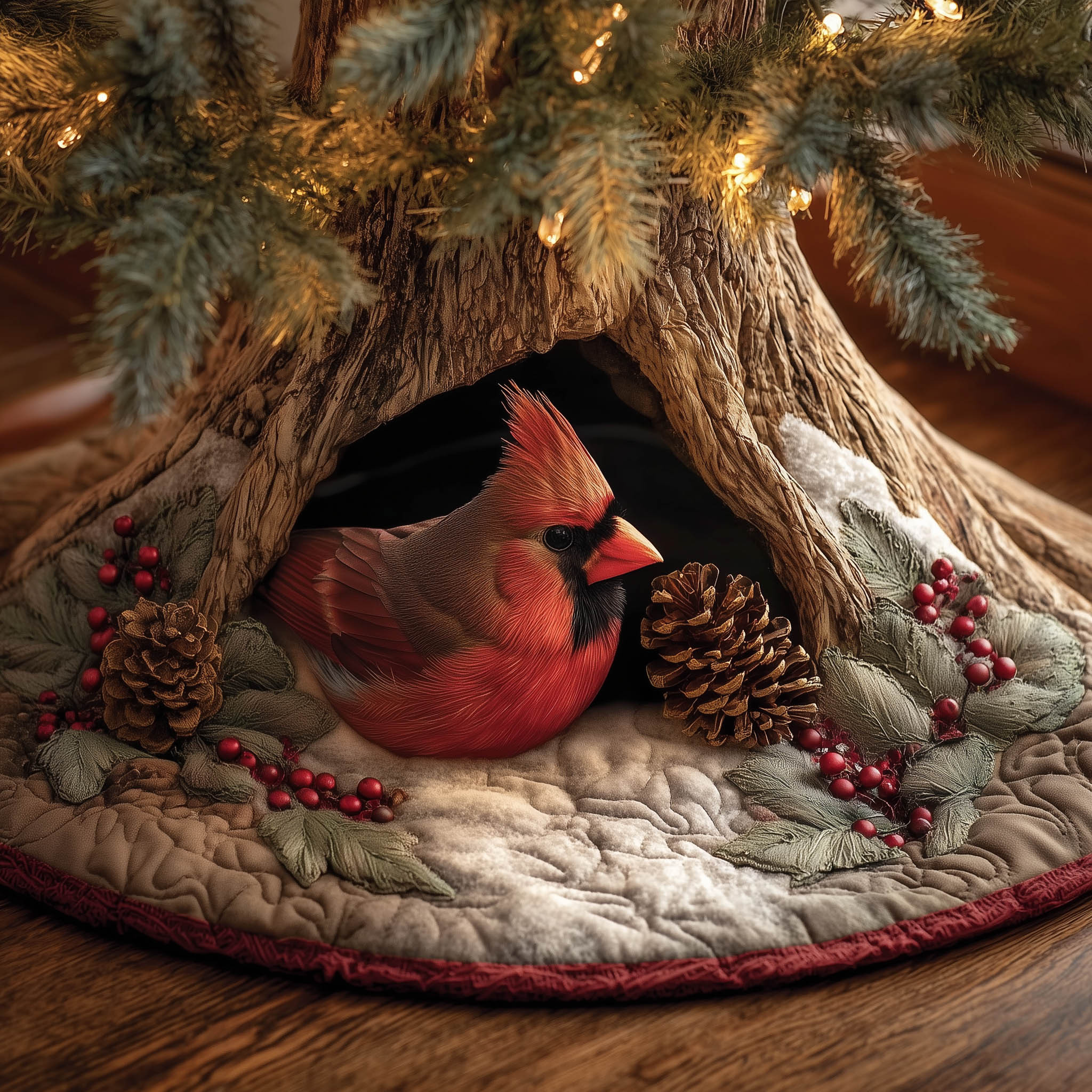 Cardinal Nest Quilted Tree Skirt Animal Themed Xmas Decor Christmas Tree Skirt