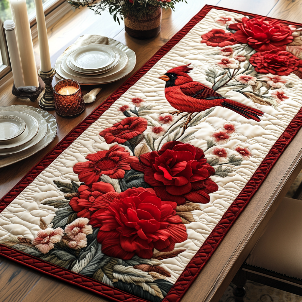 Cardinal Petals Quilted Table Runner Kitchen Table Decor Best Gifts For Flower Lovers