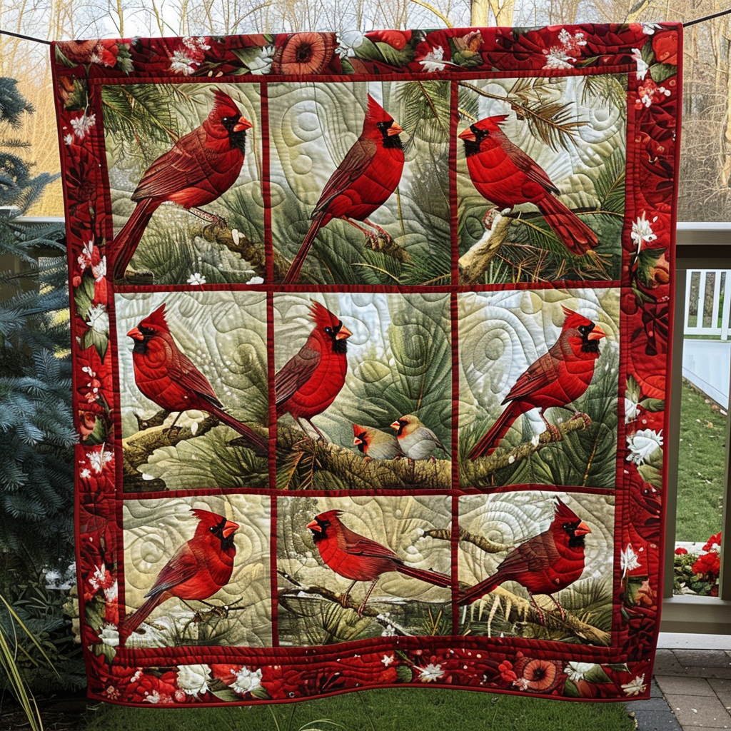Cardinal Pine Tree Quilted Blanket Unique Cardinal Bird Gifts
