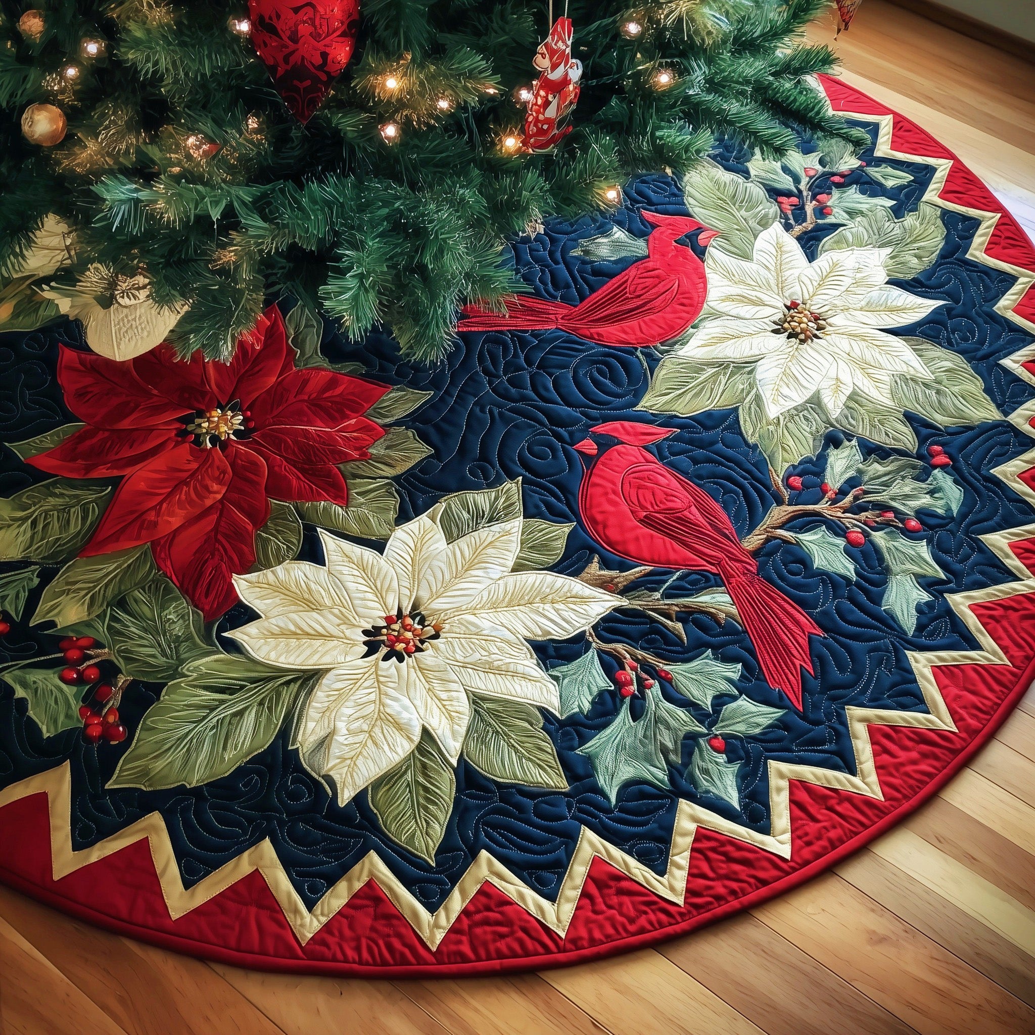 Cardinal Poinsettia Quilted Tree Skirt Merch For Dad