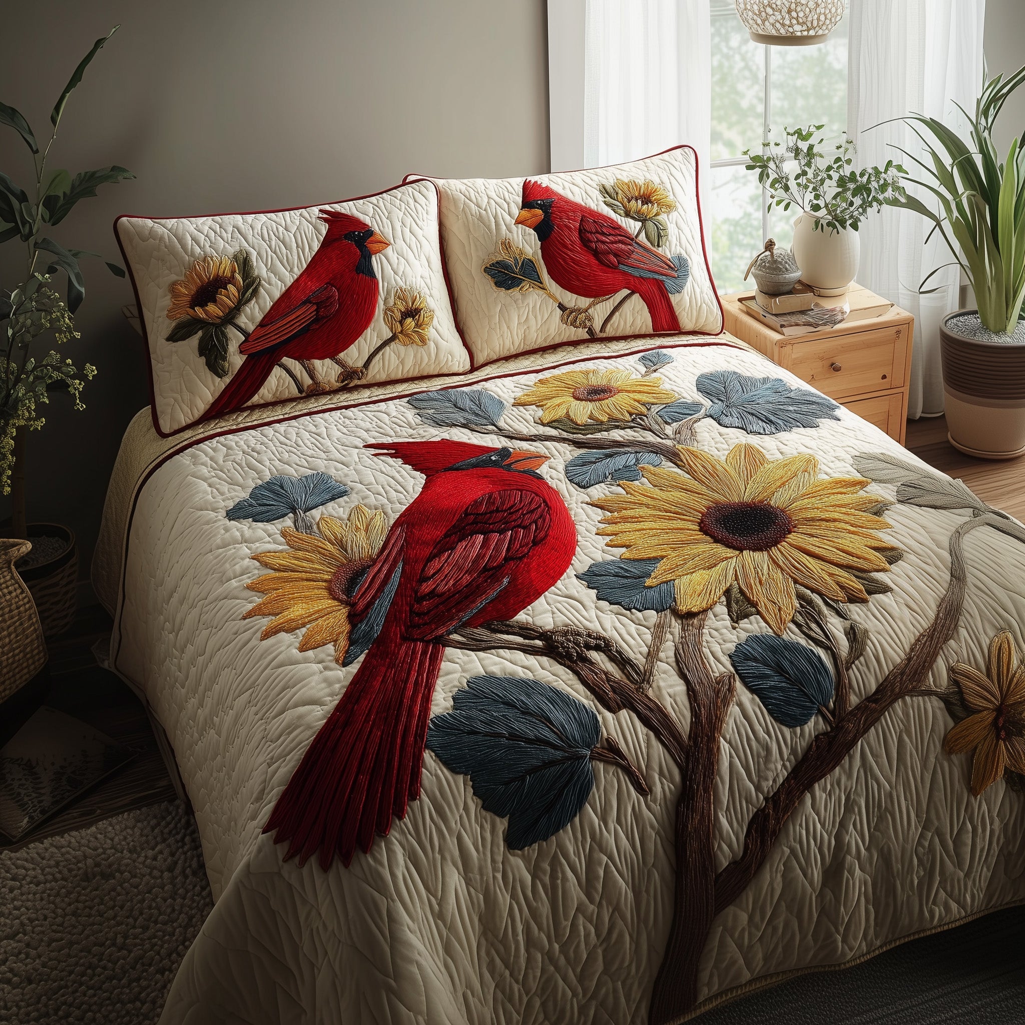 Cardinal Quilted Bedding Set Cozy Bedroom