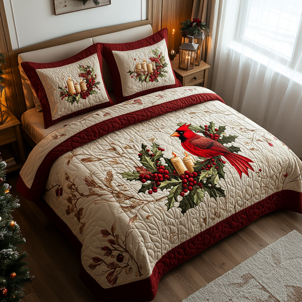 Cardinal Quilted Bedding Set Cozy Bedroom Decor Red Cardinal Gift Items