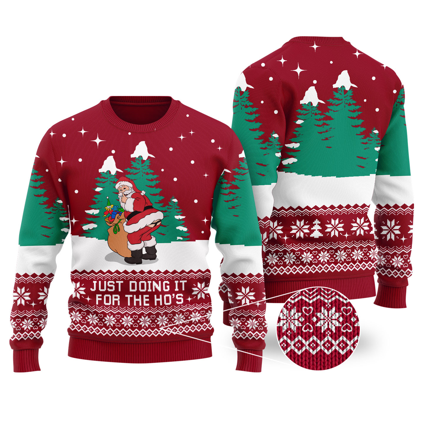 Cardinal Red Funny Santa Just Doing It For The Hos Ugly Sweater Custom Holiday Sweater Merch That Warms the Heart