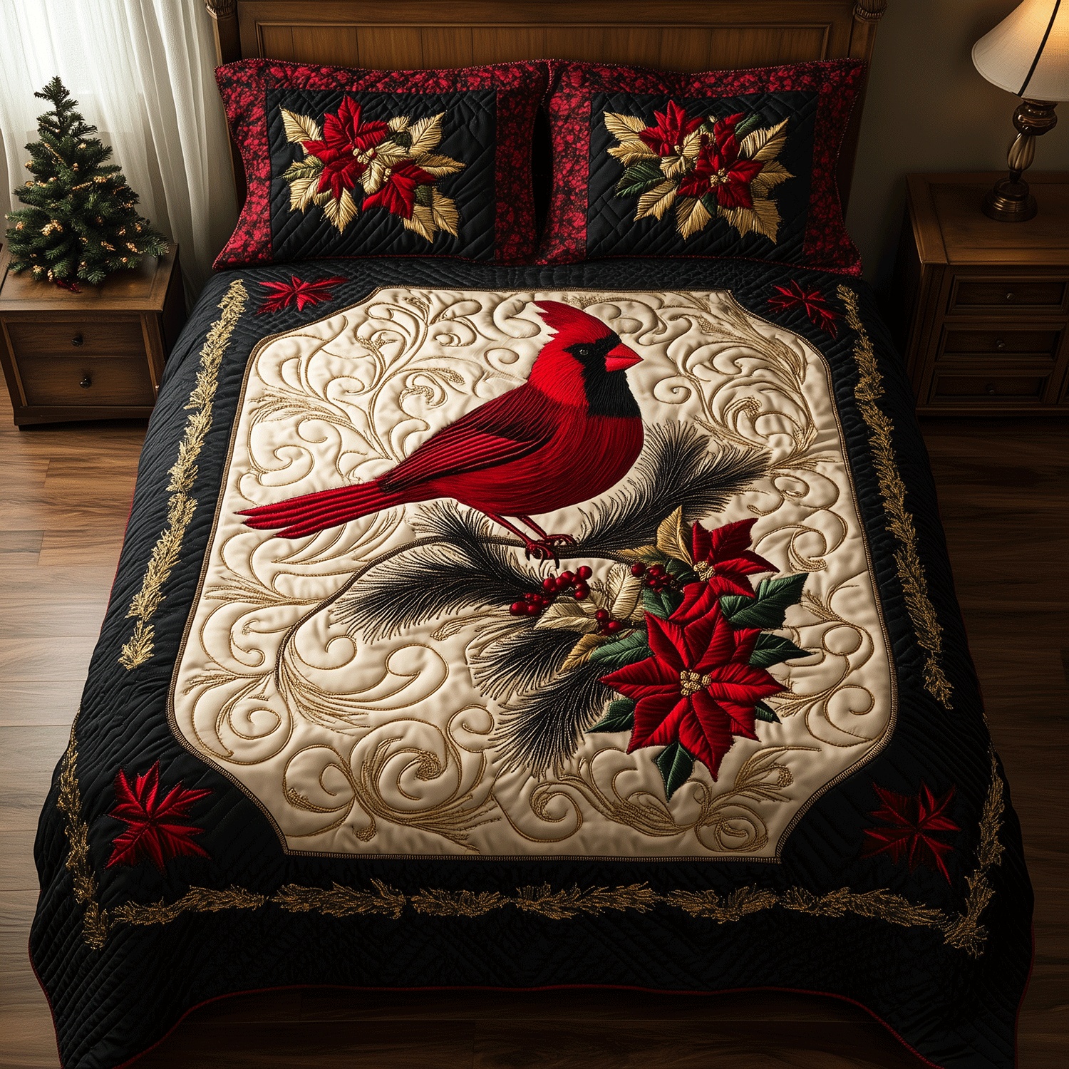 Cardinal Serenity Quilted Bedding Set Bird Lover Bedroom Decor Gift For Nature Lovers