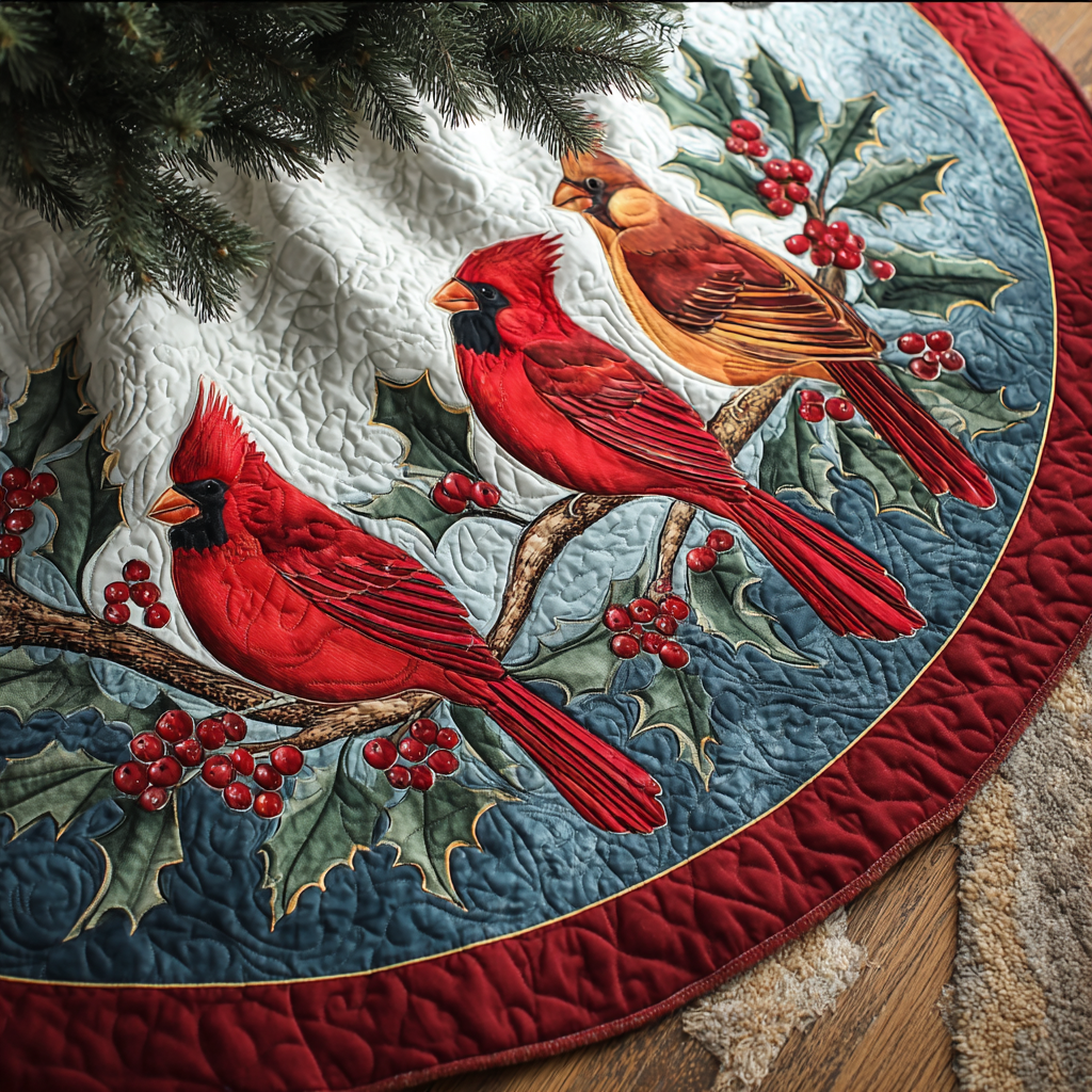 Cardinal Spirit Christmas Quilted Tree Skirt Lovely Gift Merch for a Festive Home