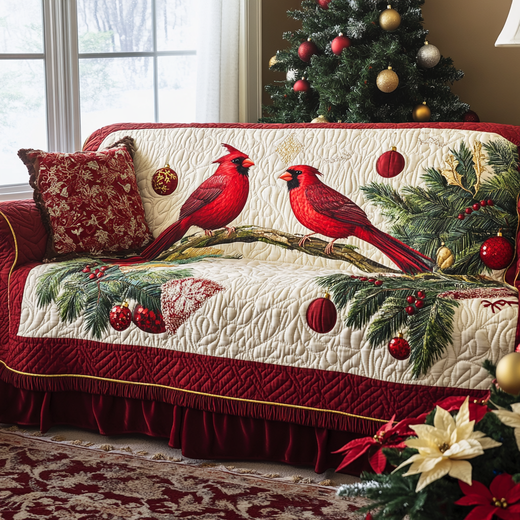 Cardinal Whisper Quilted Sofa Cover Holiday Spirit Couch Slipcovers New Home Gifts 