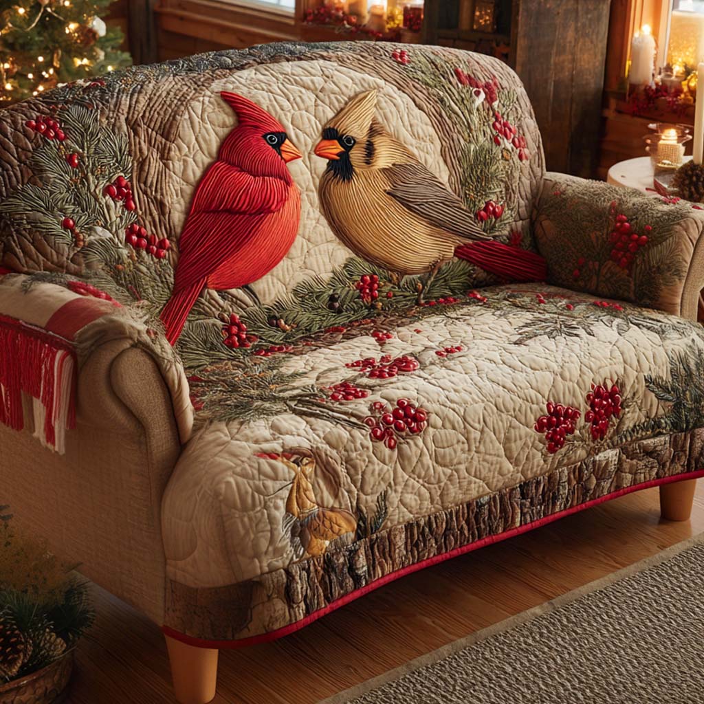 Cardinal Winter Nest Quilted Sofa Cover Living Room Winter Decor Red Cardinal Gift Items