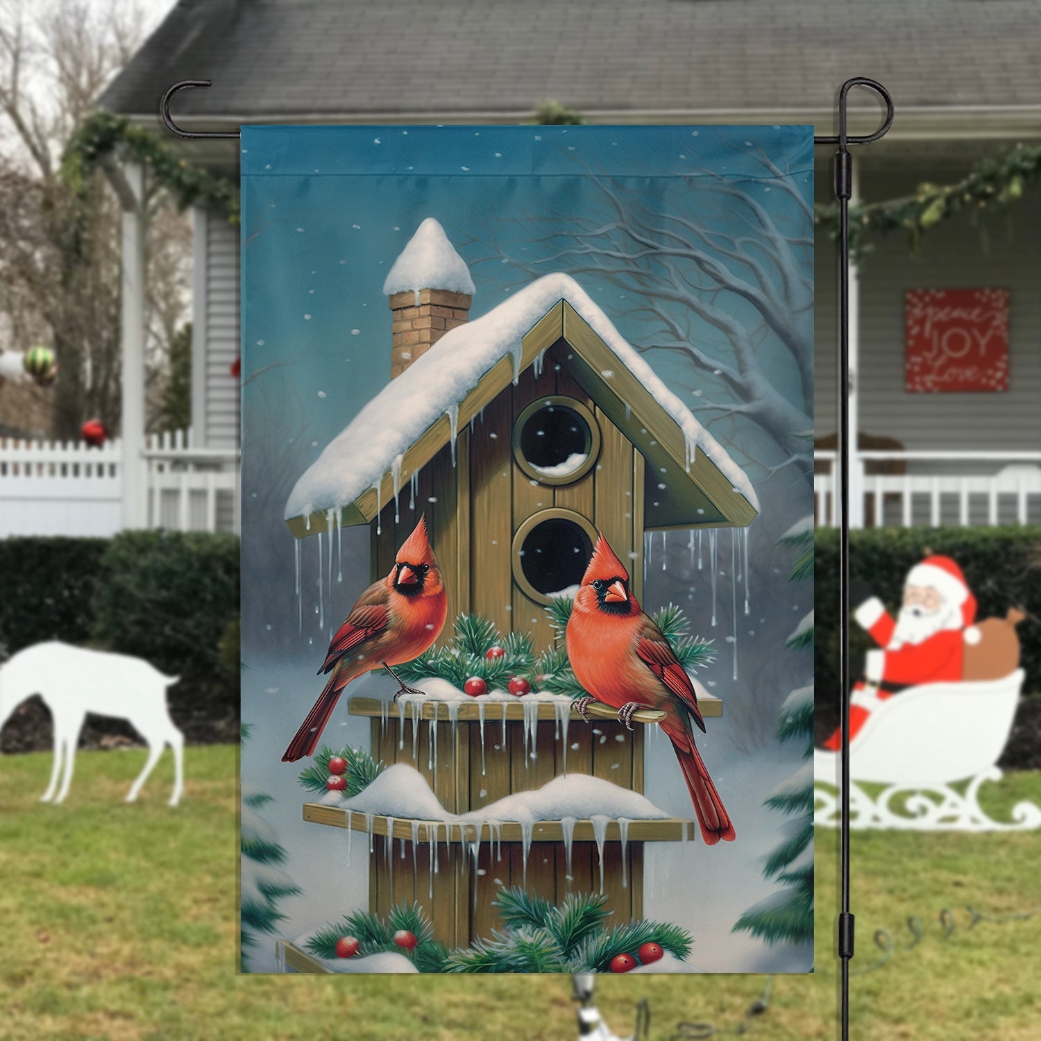 Cardinals At The Snow Capped Birdhouse Christmas Garden Flag Xmas Decor Gift For Bird Lovers