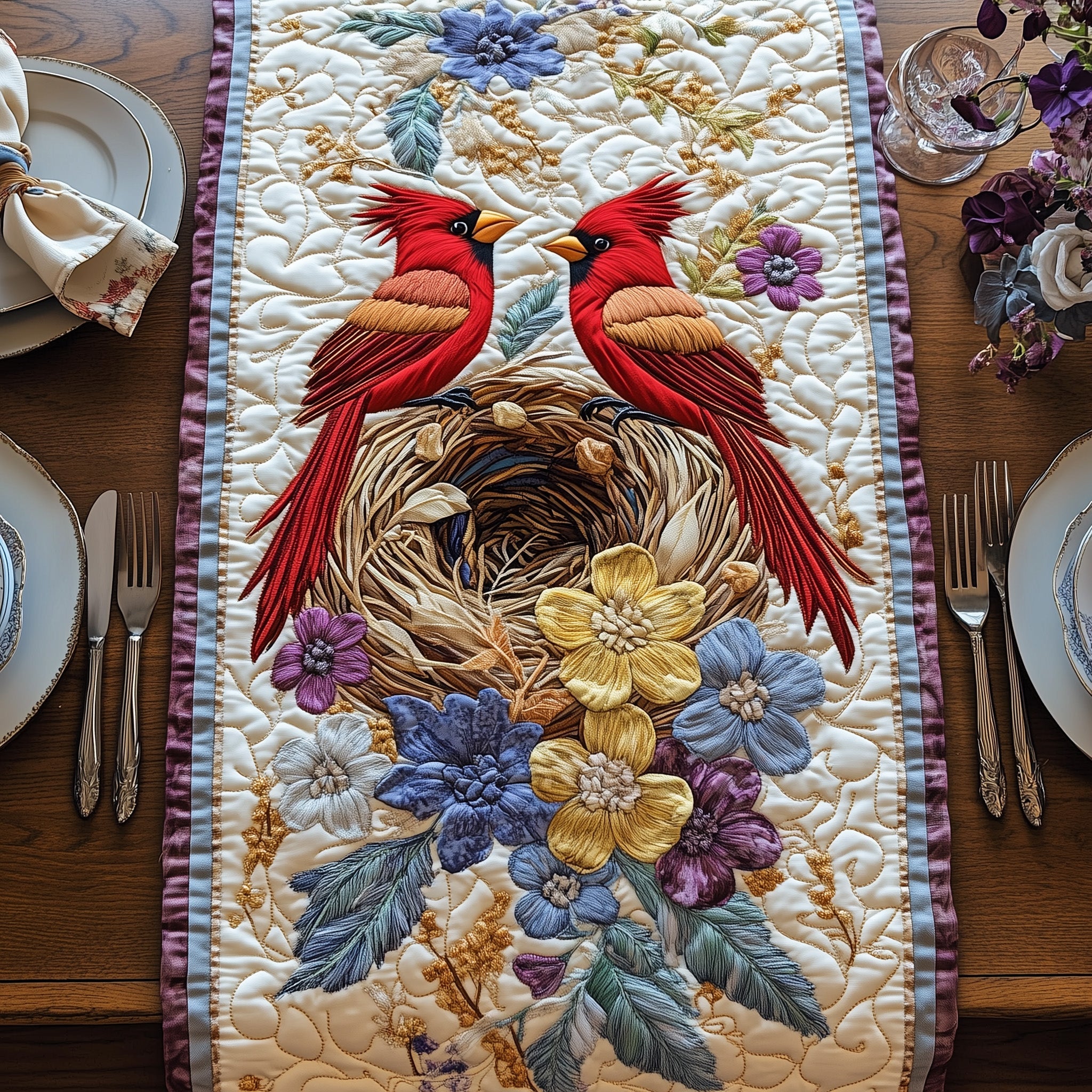 Cardinals Blooming Heaven Quilted Table Runner Elegant Christmas Table Runner