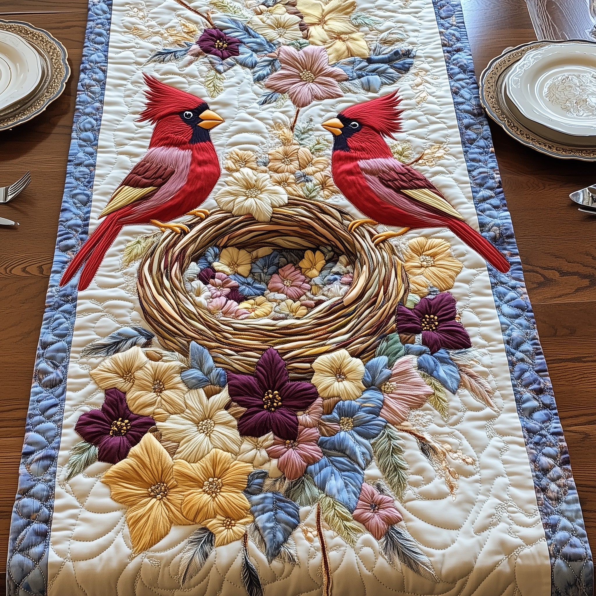Cardinals Blooming Heaven Quilted Table Runner Holiday Table Runner for Kitchen Decor