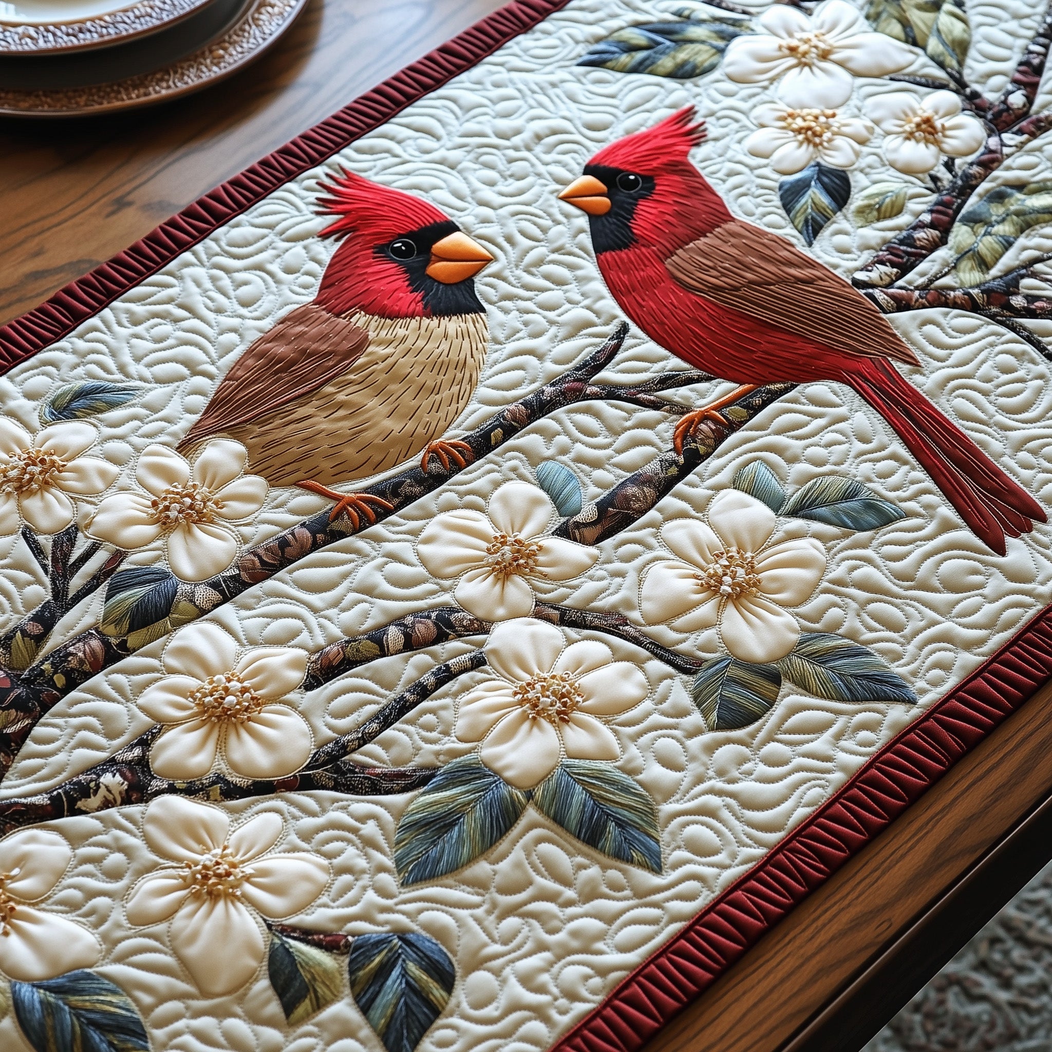 Cardinals In Bloom Quilted Table Runner Christmas Table Runner Decoration