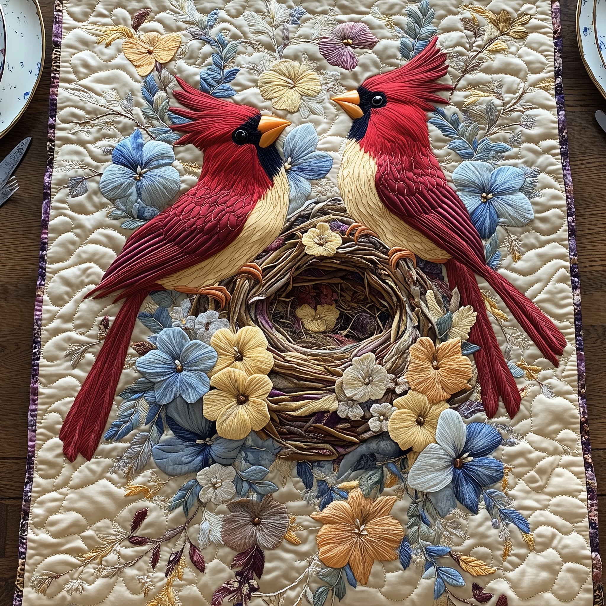 Cardinals In Bloom Quilted Table Runner Christmas Table Runner for Dining Room