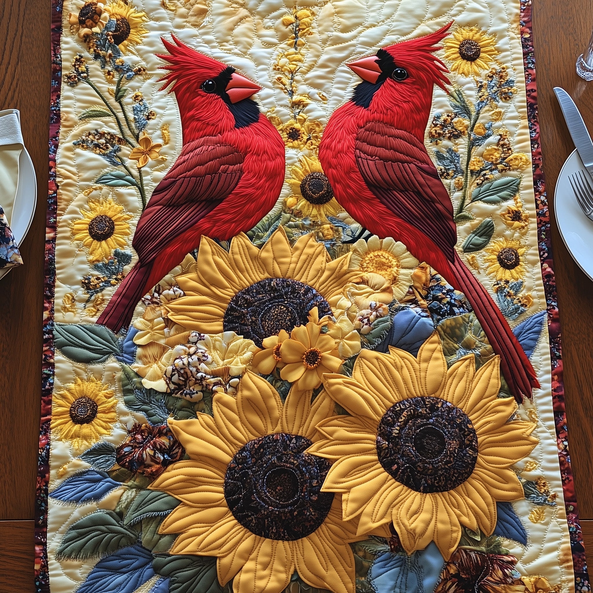 Cardinals In Bloom Quilted Table Runner Christmas Theme Table Runner