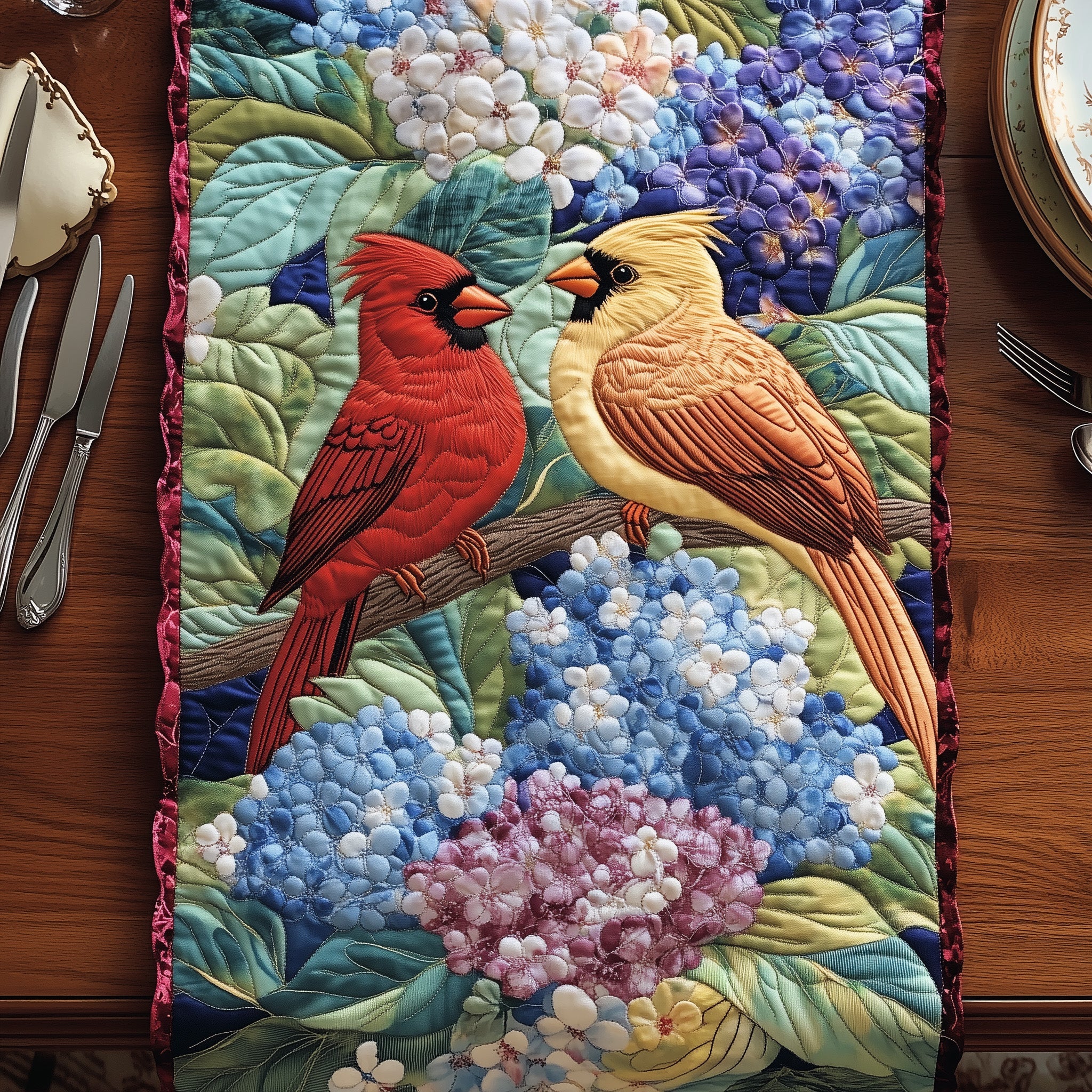 Cardinals In Bloom Quilted Table Runner Holiday Dinner Table Runner