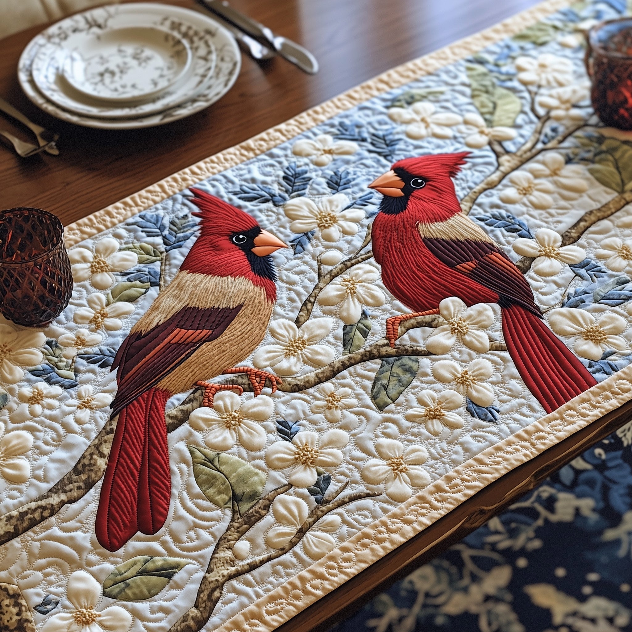Cardinals In Bloom Quilted Table Runner Holiday Party Table Runner
