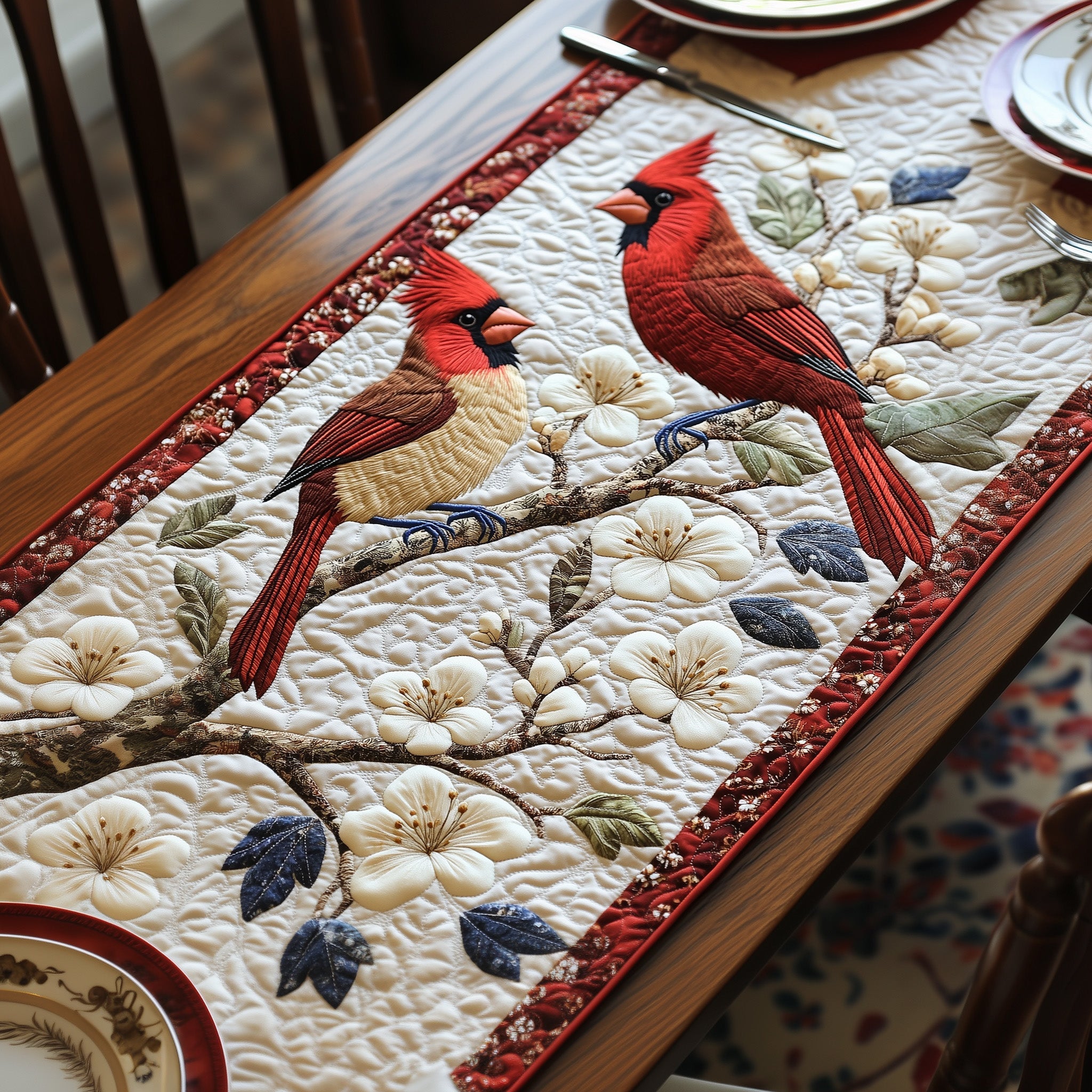 Cardinals In Bloom Quilted Table Runner Special Occasion Table Runner Gift