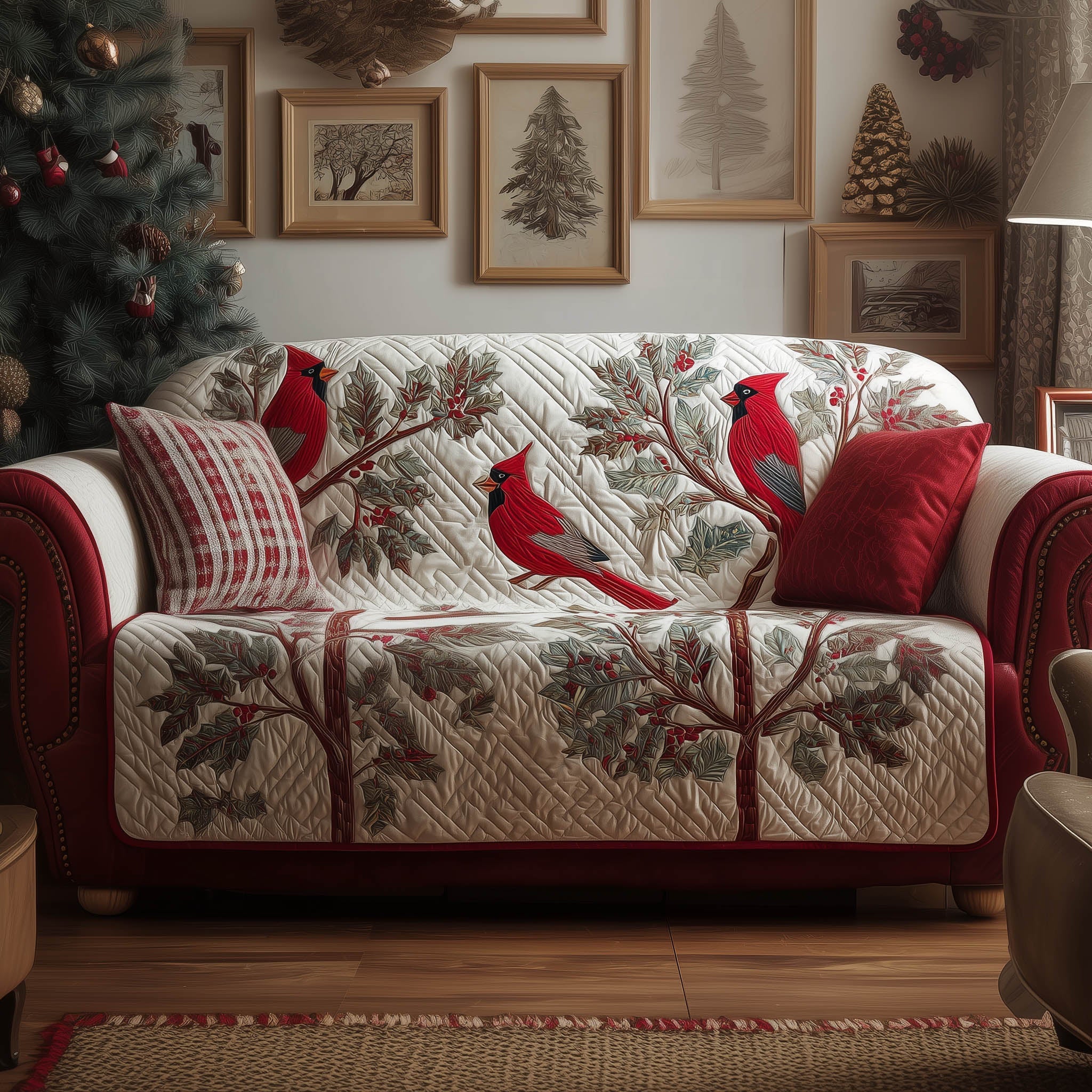 Cardinals Quilted Sofa Cover Red Bird Winter Perch Design Red Cardinal Gifts For Mom