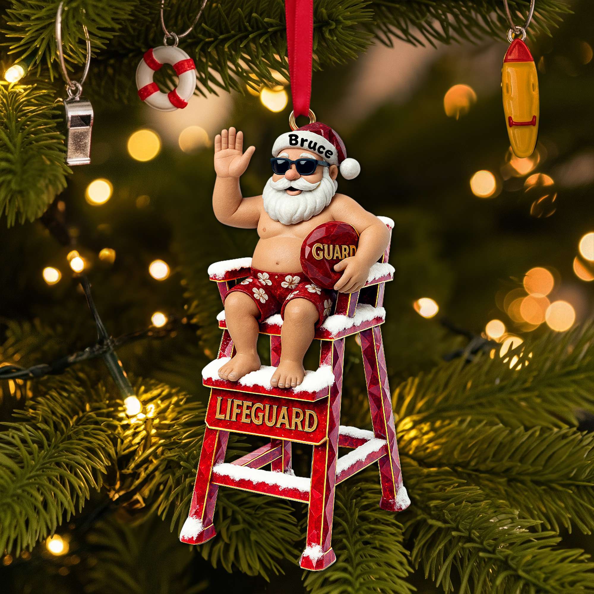 Caricature Beach Santa Lifeguard Ornament - Personalized Christmas Gifts For Beach Lifeguard - Christmas Ornament Gift Idea