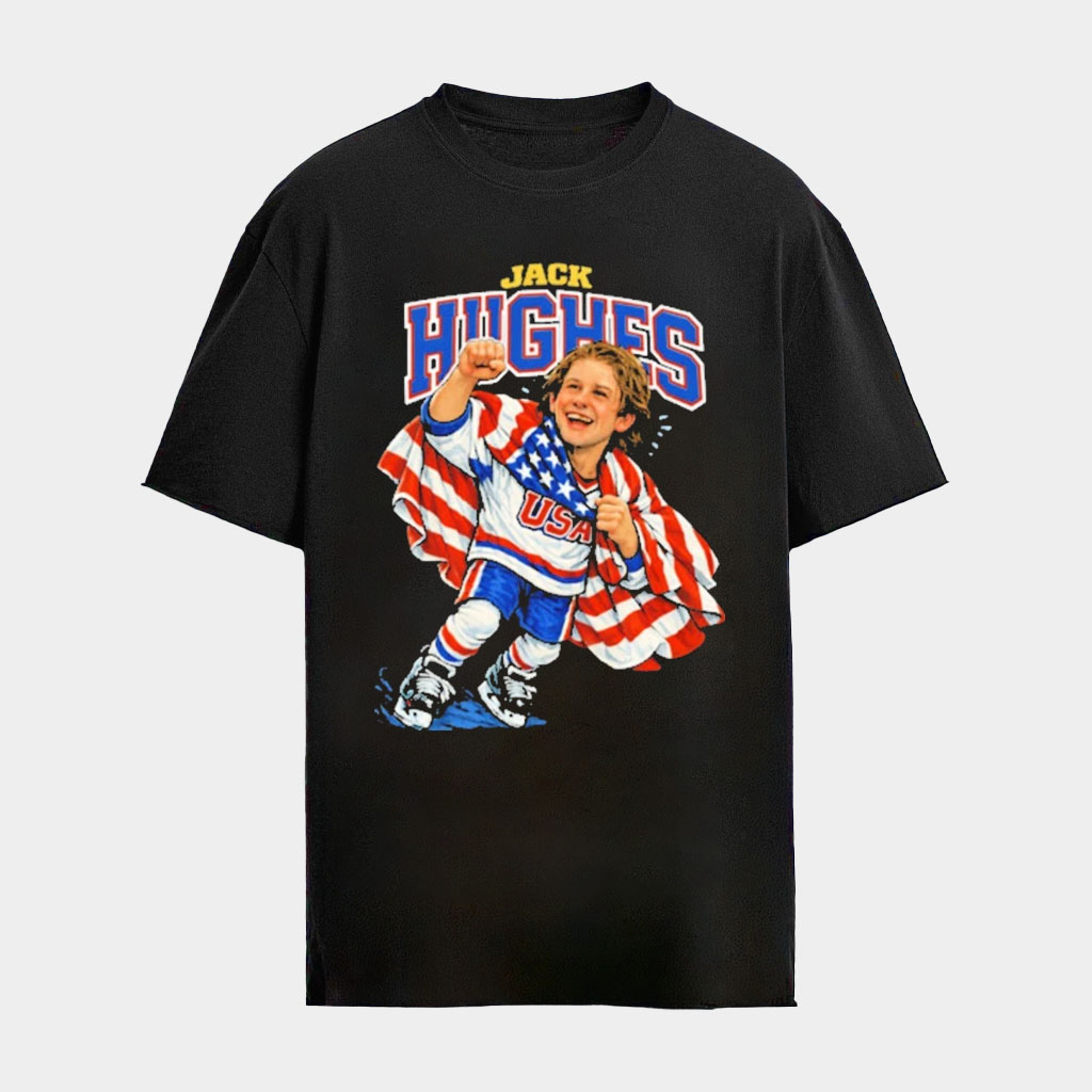 Caricature Jack Hughes USA Hockey Champions Flag T-Shirt Jack Hughes USA Hockey Gold Medal Merch