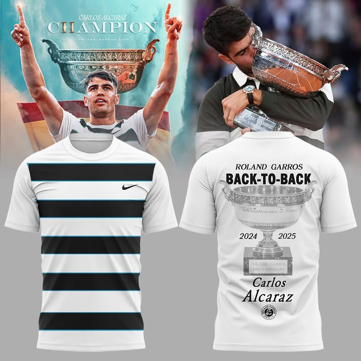 Carlos Alcaraz Roland Garros 2025 Champions T-Shirt Back To Back Championship Fan Merch